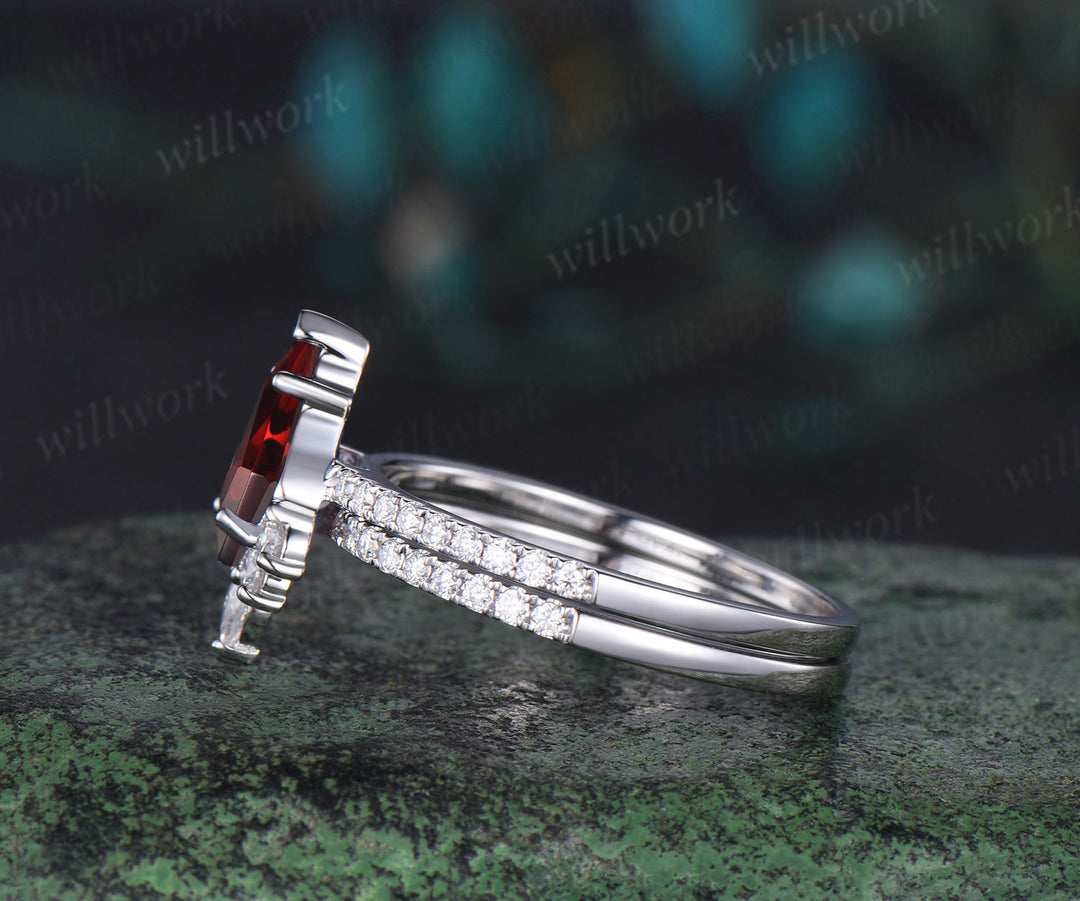 Unique kite cut red garnet engagement ring set women solid 14k white gold half eternity diamond bridal anniversary ring set gift
