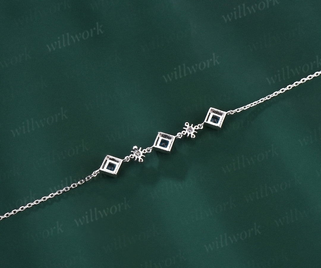Milgrain Princess Cut Swiss blue topaz Bracelet Vintage 14k white Gold Five Stone Bracelet December Birthstone Bridal Bracelet