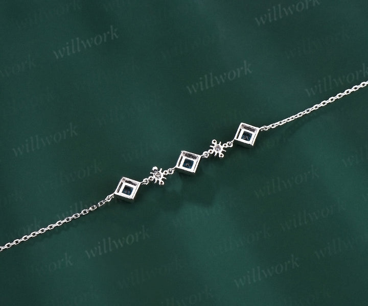 Milgrain Princess Cut Swiss blue topaz Bracelet Vintage 14k white Gold Five Stone Bracelet December Birthstone Bridal Bracelet