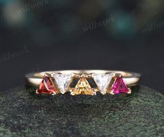 Trilliant cut garnet citrine ruby moissanite ring solid 14k yellow gold five stone wedding band Multi-Stone Rings anniversary gift