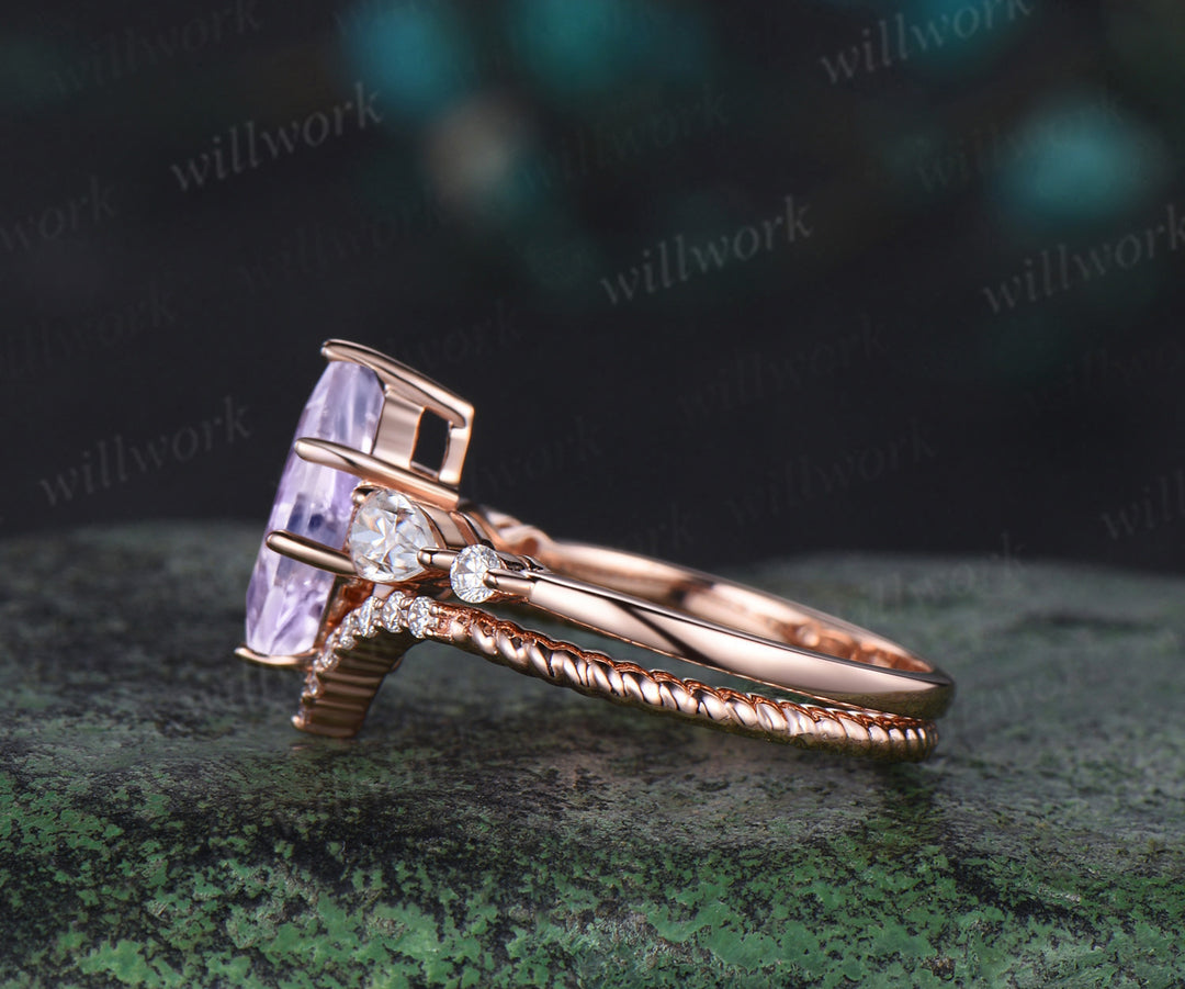 Kite cut Lavender Amethyst engagement ring rose gold 6 prong five stone pear diamond ring vintage promise bridal ring set women