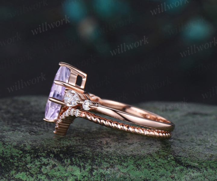Kite cut Lavender Amethyst engagement ring rose gold 6 prong five stone pear diamond ring vintage promise bridal ring set women