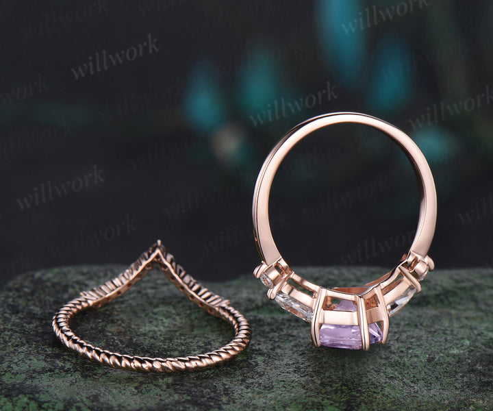 Kite cut Lavender Amethyst engagement ring rose gold 6 prong five stone pear diamond ring vintage promise bridal ring set women