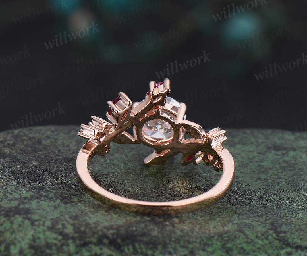 Vintage 1ct round cut IGI Lab grown diamond engagement ring solid 14k rose gold twisted leaf ruby diamond promise wedding ring women jewelry