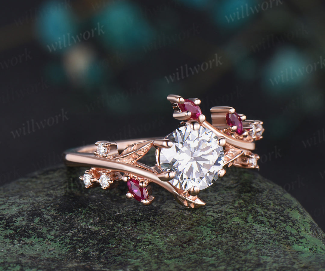 Vintage 1ct round cut IGI Lab grown diamond engagement ring solid 14k rose gold twisted leaf ruby diamond promise wedding ring women jewelry