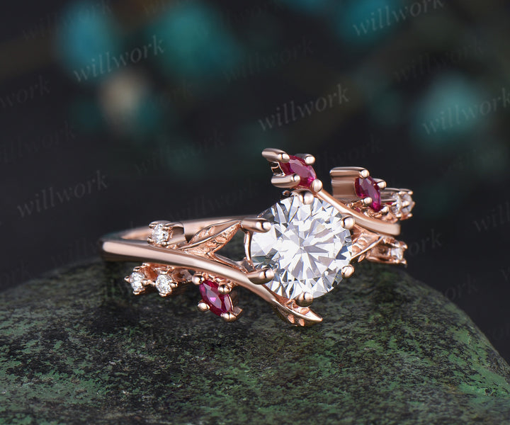 Vintage 1ct round cut IGI Lab grown diamond engagement ring solid 14k rose gold twisted leaf ruby diamond promise wedding ring women jewelry