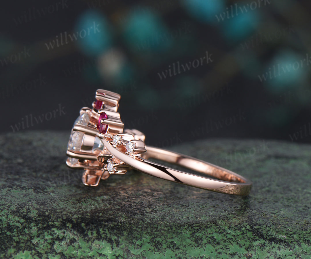 Vintage 1ct round cut IGI Lab grown diamond engagement ring solid 14k rose gold twisted leaf ruby diamond promise wedding ring women jewelry