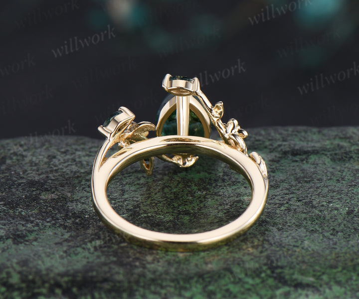 Vintage pear green moss agate engagement ring solid 14k yellow gold nature inspired leaf floral emerald wedding ring women gift
