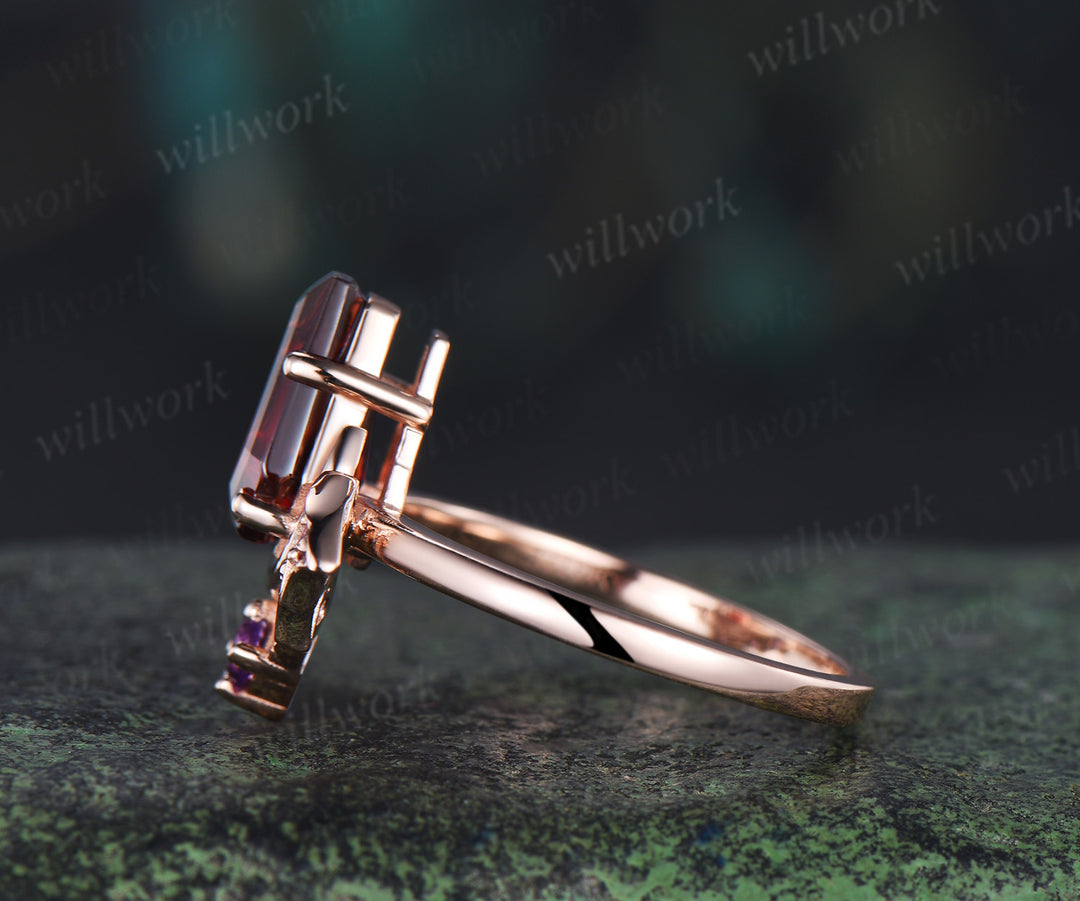 Kite coffin red garnet ring rose gold bat moon wing engagement ring amethyst wedding ring