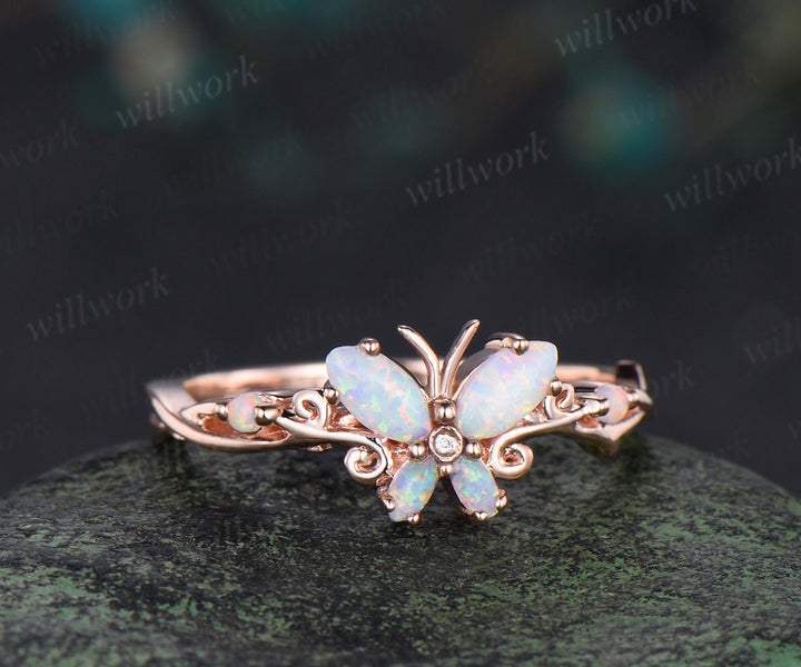 Butterfly Marquise Amethyst Engagement Ring solid 14k rose gold October birthstone branch wedding ring women jewelry