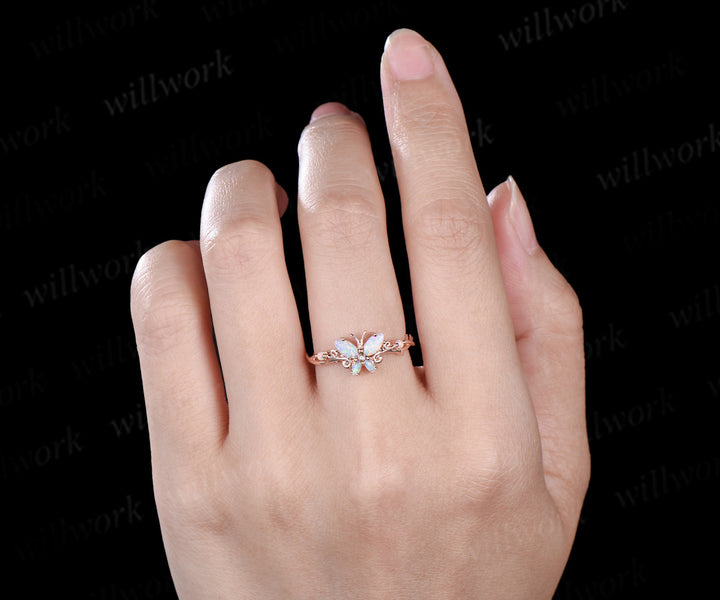 Butterfly Marquise Amethyst Engagement Ring solid 14k rose gold October birthstone branch wedding ring women jewelry