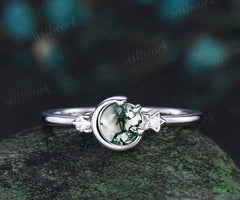 Round cut moss agate ring white gold three stone diamond ring women vintage unique star moon engagement ring dainty anniversary gift