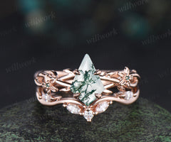 Kite cut natural moss agate ring floral infinity leaf engagement ring set nature inspired rose gold emerald bridal set women