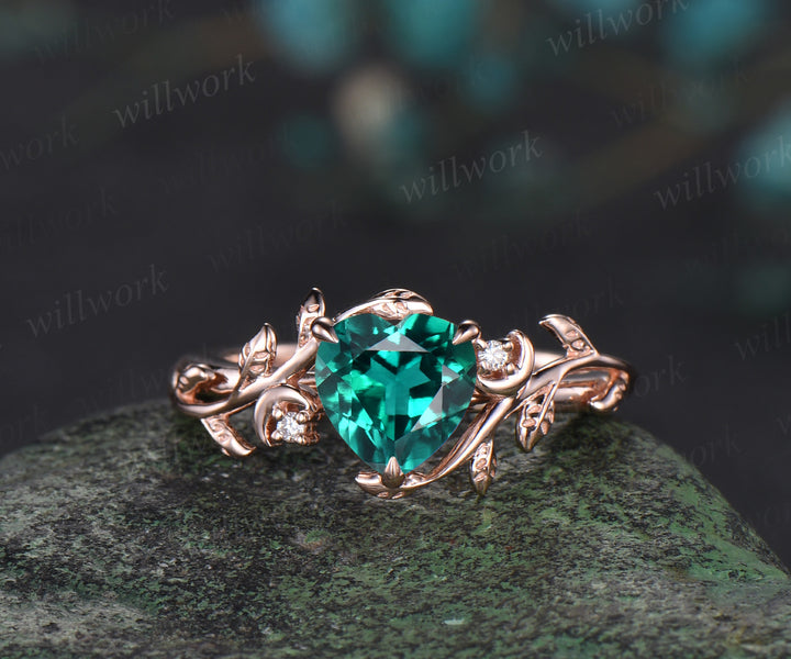 Vintage heart green emerald engagement ring rose gold twig leaf Nature inspired moon diamond Celtic knot wedding ring set