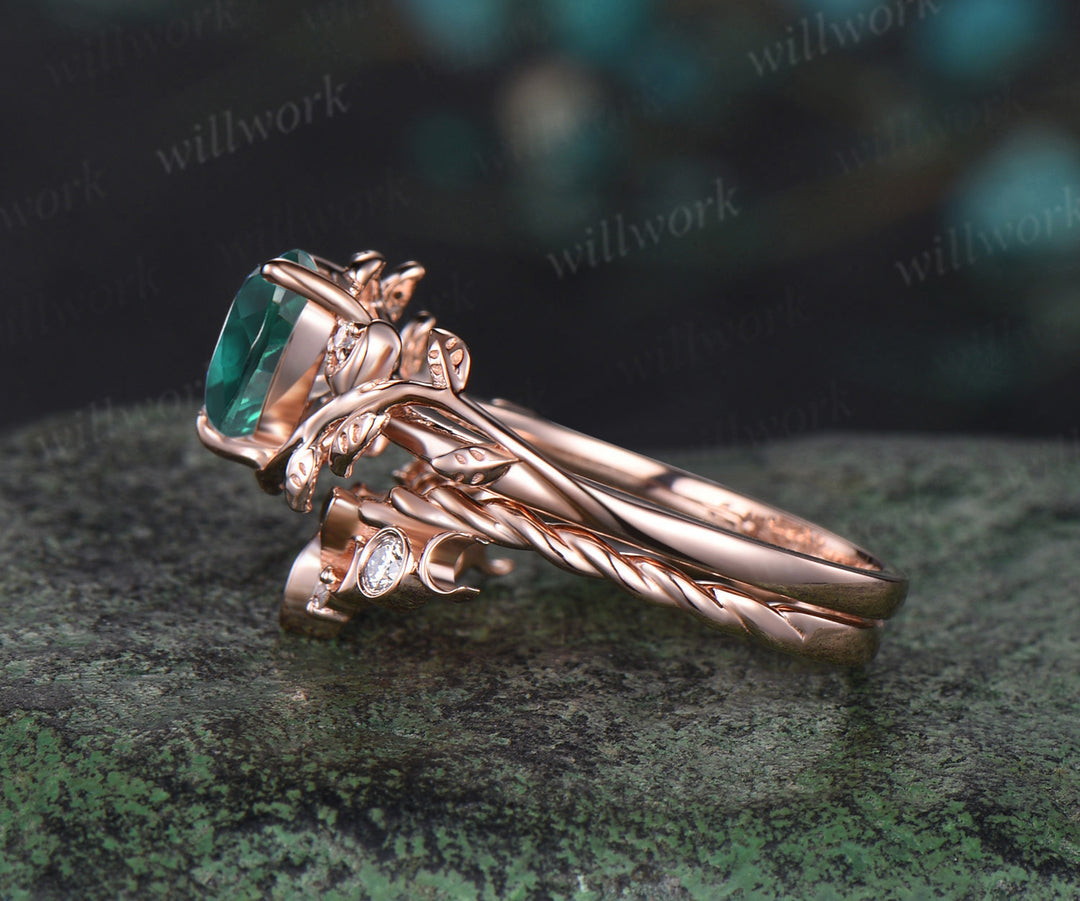 Vintage heart green emerald engagement ring rose gold twig leaf Nature inspired moon diamond Celtic knot wedding ring set