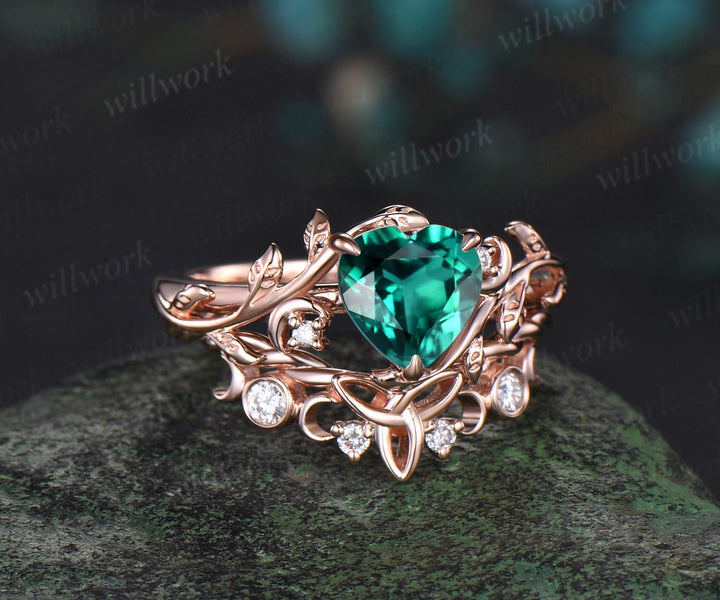 Vintage heart green emerald engagement ring rose gold twig leaf Nature inspired moon diamond Celtic knot wedding ring set