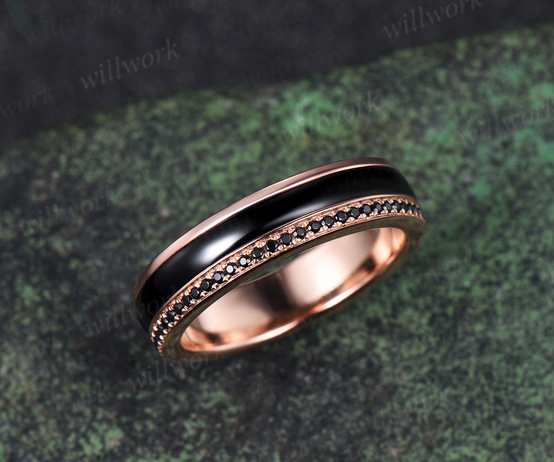 Full eternity bezel black onyx wedding band mens double line black spinel 18k rose gold ring unique engagement bridal ring him
