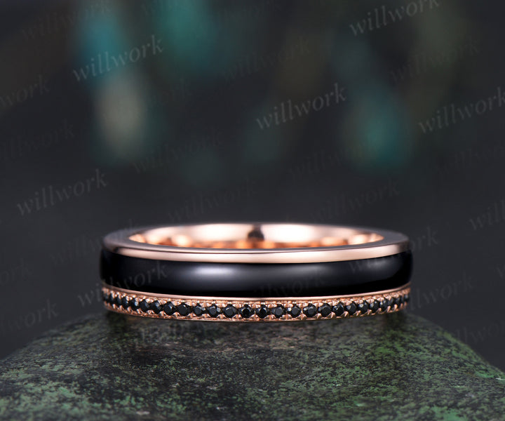 Full eternity bezel black onyx wedding band mens double line black spinel 18k rose gold ring unique engagement bridal ring him