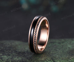 Full eternity bezel black onyx wedding band mens double line black spinel 18k rose gold ring unique engagement bridal ring him