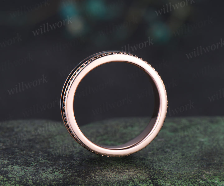 Full eternity bezel black onyx wedding band mens double line black spinel 18k rose gold ring unique engagement bridal ring him