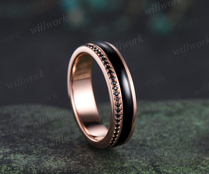 Full eternity bezel black onyx wedding band mens double line black spinel 18k rose gold ring unique engagement bridal ring him