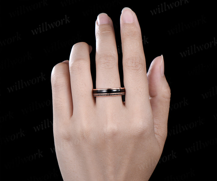 Full eternity bezel black onyx wedding band mens double line black spinel 18k rose gold ring unique engagement bridal ring him