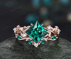 Princess cut green emerald engagement ring set 14k white gold five stone leaf branch Nature inspired ring diamond bridal ring set women gift