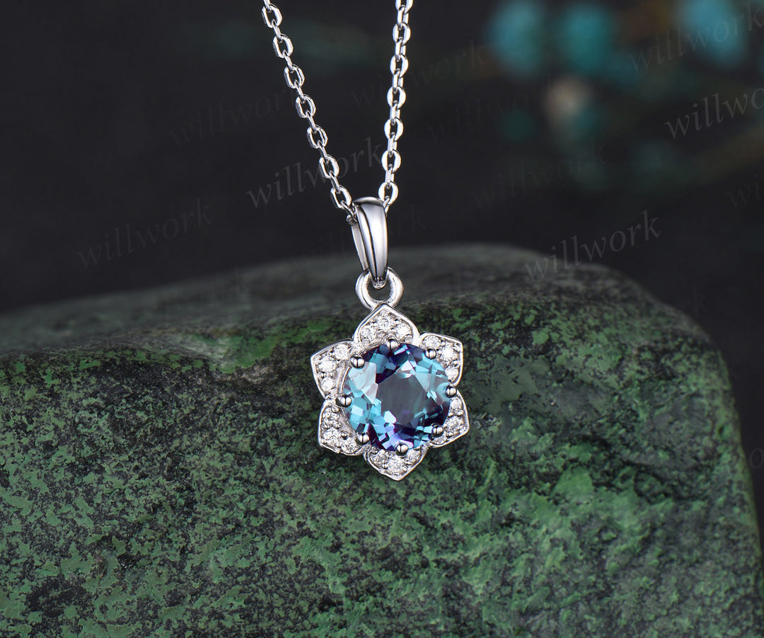 Floral round cut alexandrite necklace solid 14k white gold flower halo diamond pendant women June birthstone anniversary gift