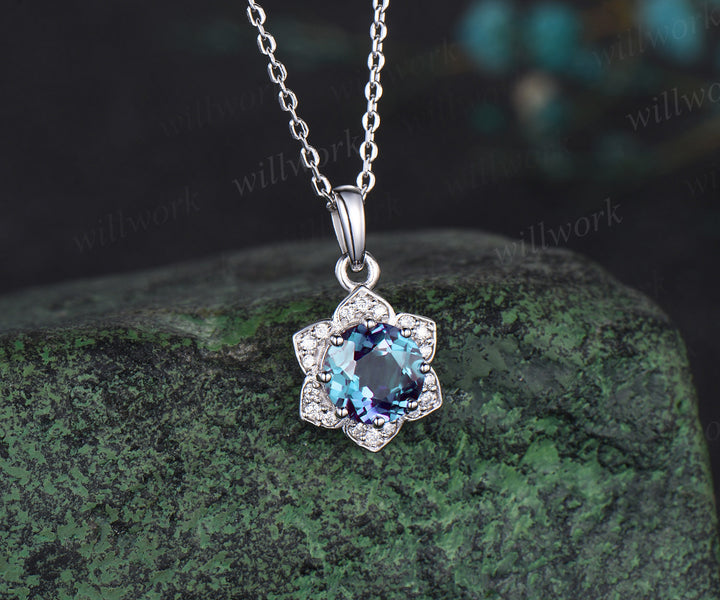 Floral round cut alexandrite necklace solid 14k white gold flower halo diamond pendant women June birthstone anniversary gift