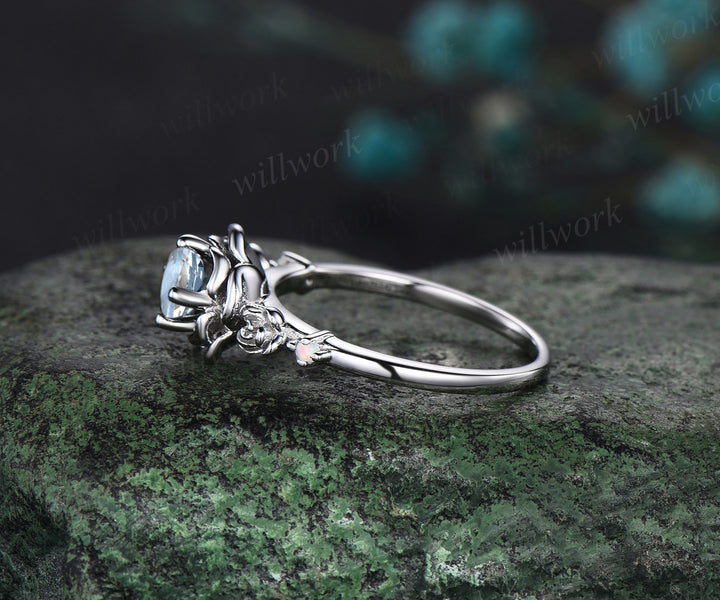 Round cut aquamarine engagement ring white gold flower floral three stone opal ring vintage wedding ring women jewelry