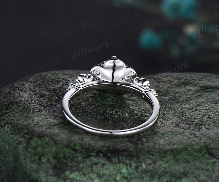 Round cut aquamarine engagement ring white gold flower floral three stone opal ring vintage wedding ring women jewelry