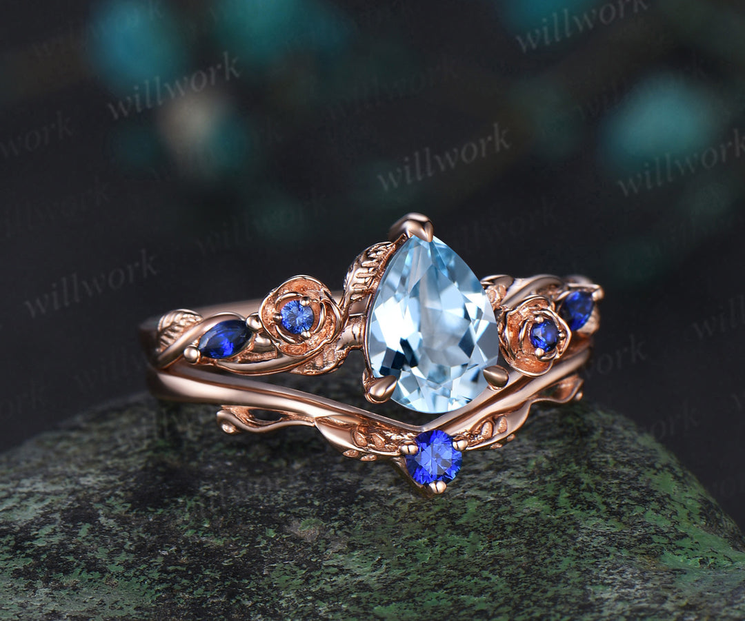 Pear shaped aquamarine engagement ring set rose gold March birthstone leaf floral flower sapphire bridal ring set women