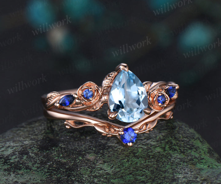 Pear shaped aquamarine engagement ring set rose gold March birthstone leaf floral flower sapphire bridal ring set women