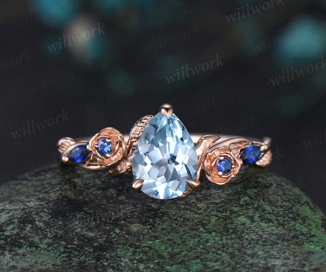 Pear shaped aquamarine engagement ring set rose gold March birthstone leaf floral flower sapphire bridal ring set women