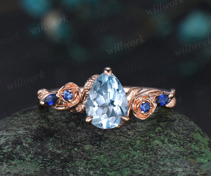 Pear shaped aquamarine engagement ring set rose gold March birthstone leaf floral flower sapphire bridal ring set women