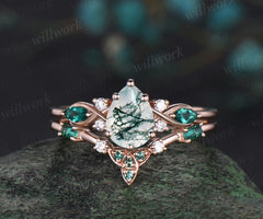 Pear green moss agate engagement ring rose gold infinity twisted Celtic knot Baguette cut emerald bridal ring set women