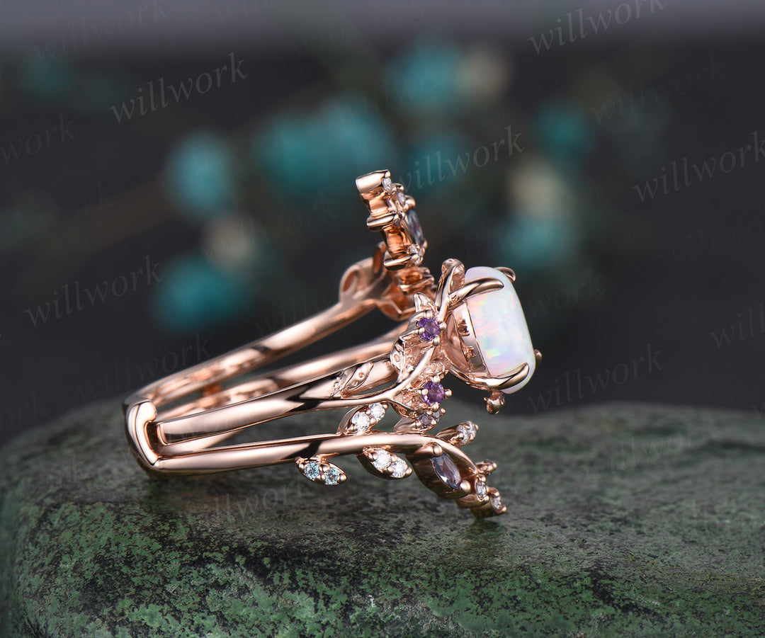 Vintage oval white opal engagement ring nature inspired leaf amethyst ring rose gold alexandrite wedding band enhancer bridal set women