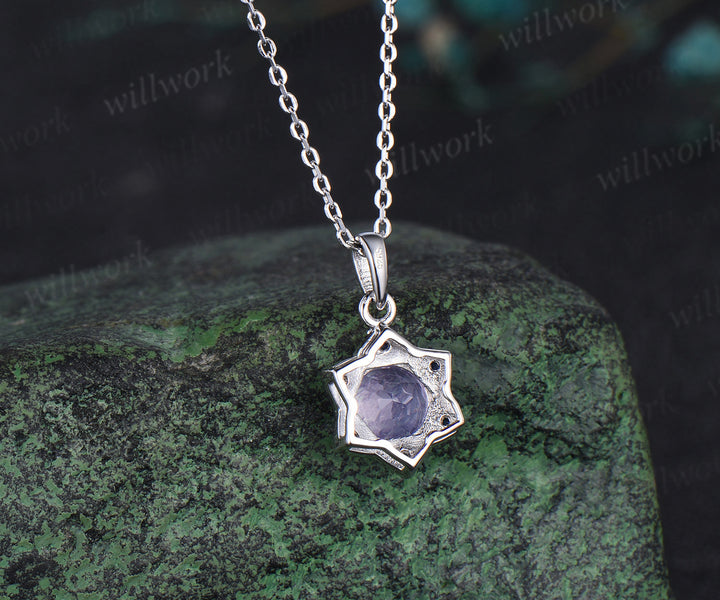 Unique Round Cut Lavender Amethyst Necklace Minimalist hexagram Halo Blue Sapphire Pendant 14k White Gold Bridal Jewelry Christmas Snow gift