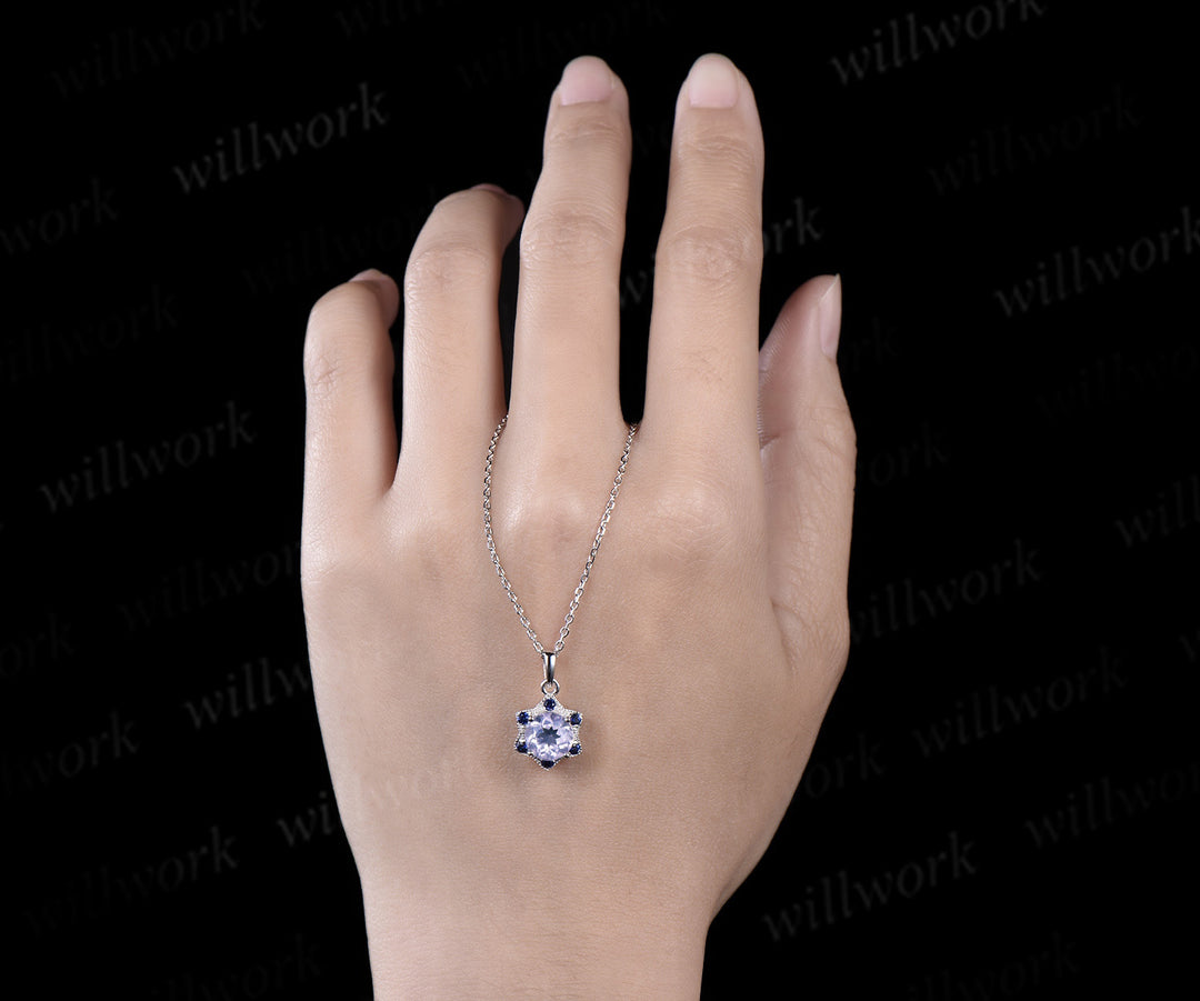 Unique Round Cut Lavender Amethyst Necklace Minimalist hexagram Halo Blue Sapphire Pendant 14k White Gold Bridal Jewelry Christmas Snow gift