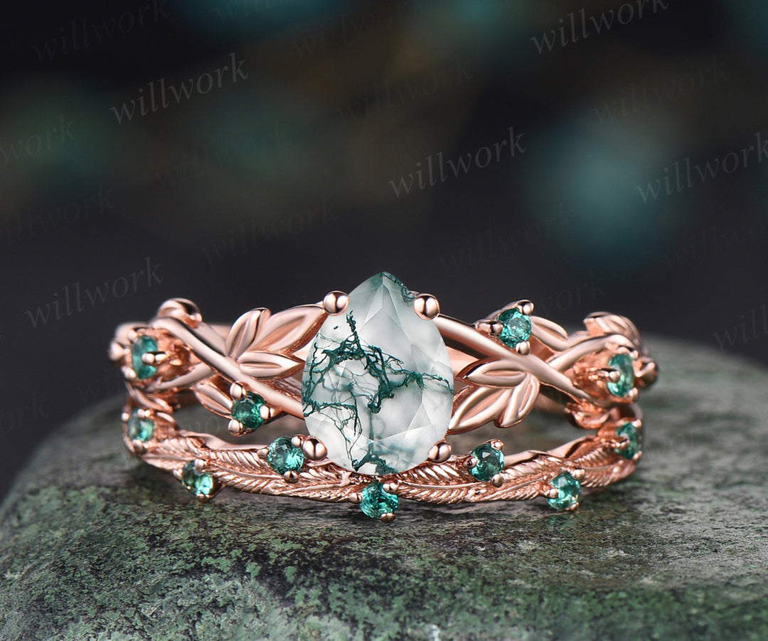 Unique twig teardrop moss agate engagement ring set 14k rose gold five stone leaf Nature inspired ring emerald art deco bridal ring set for women