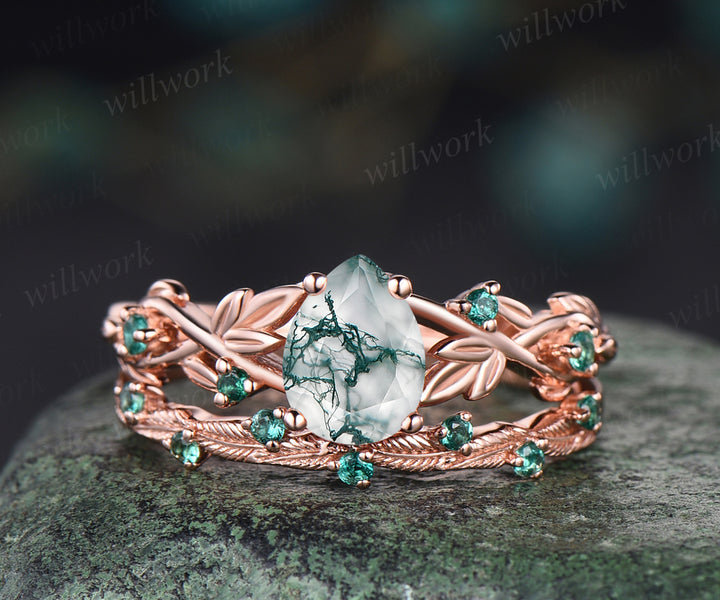 Unique twig teardrop moss agate engagement ring set 14k rose gold five stone leaf Nature inspired ring emerald art deco bridal ring set for women