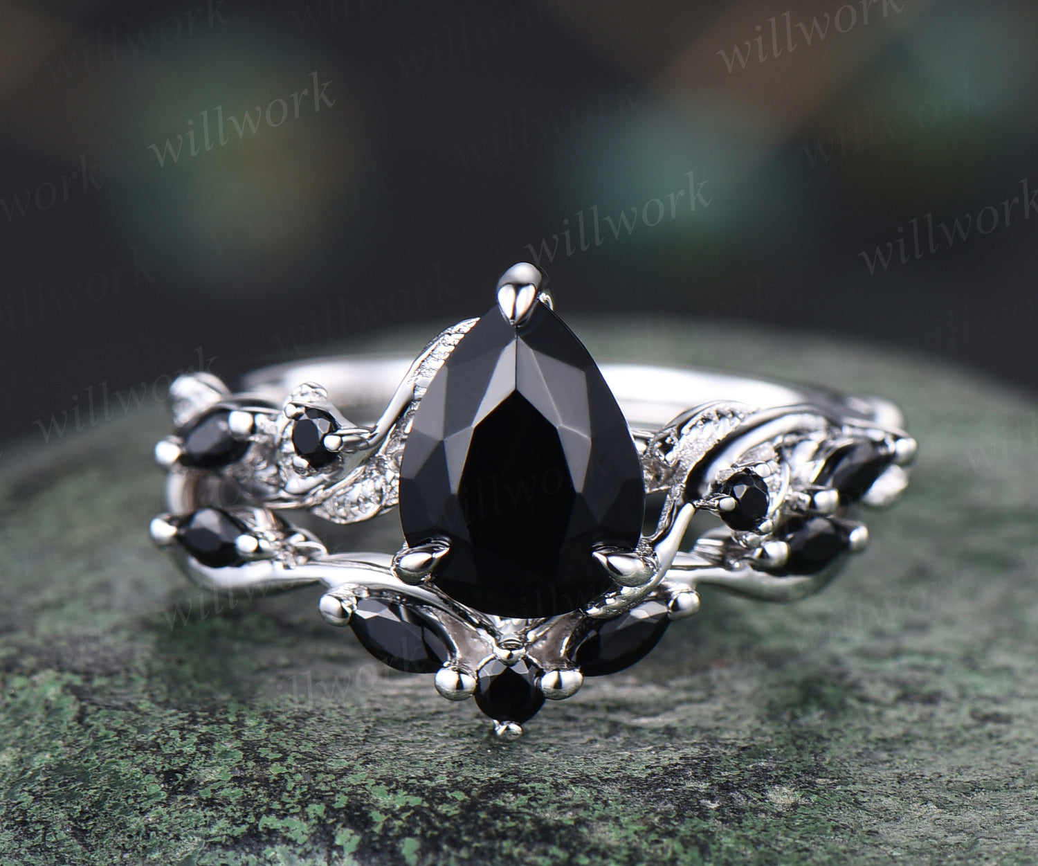 Unique black Onyx engagement ring set vintage pear black onyx leaf rin