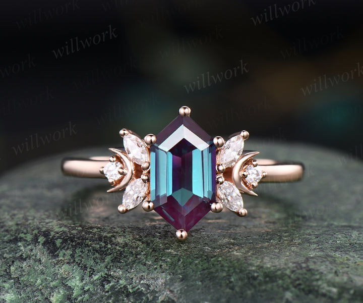 Hexagon cut alexandrite engagement ring unique art deco moissanite ring moon 14k rose gold 7 stones ring June birthstone proposal wedding ring for women