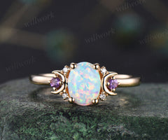 Oval white opal engagement ring retro moon amethyst moissanite deco ring 14k yellow gold unique crescent promise ring October birthstone jewelry gifts