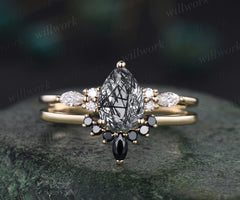 READY TO SHIP: Peardrop Black Rutilated Quartz Engagement Ring Set - Sterling Silver - Ring Size: 6 US