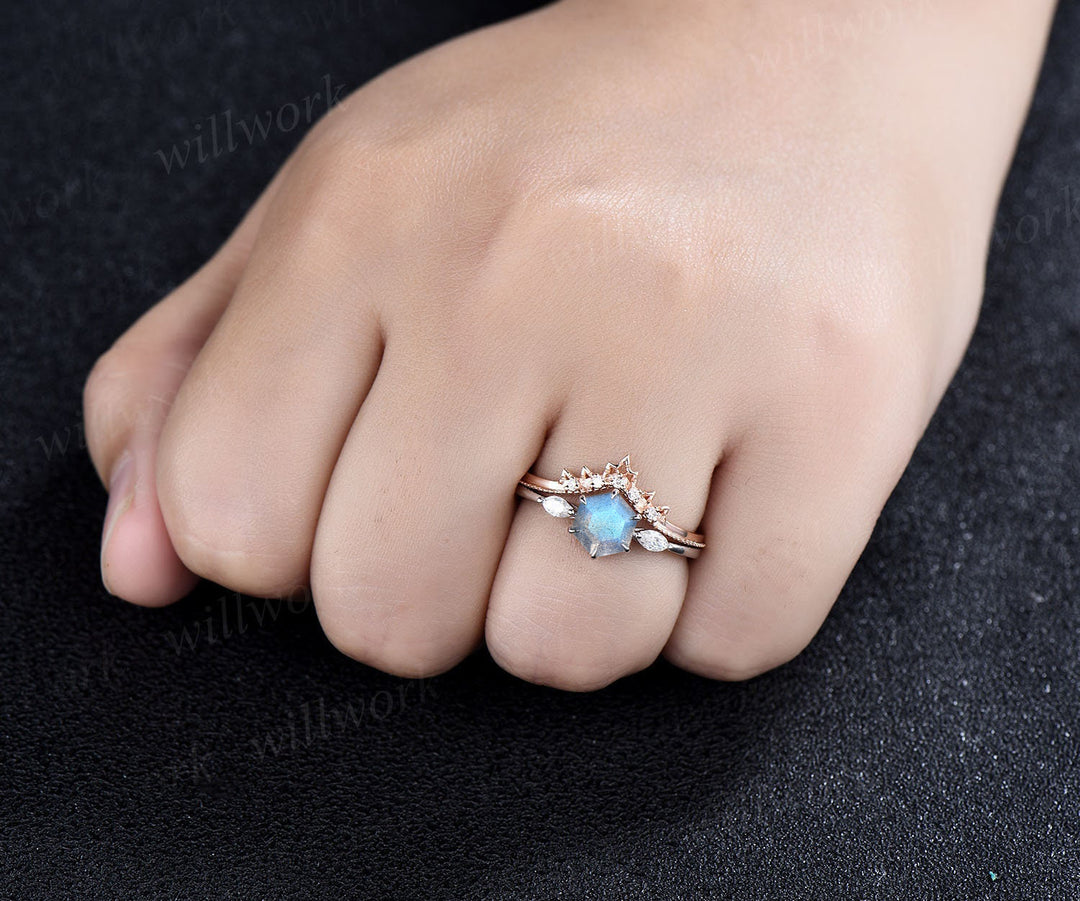 6x6mm Hexagon blue labradorite engagement ring set unique deco marquise moissanite diamond ring milgrain moissanite wedding band ring set
