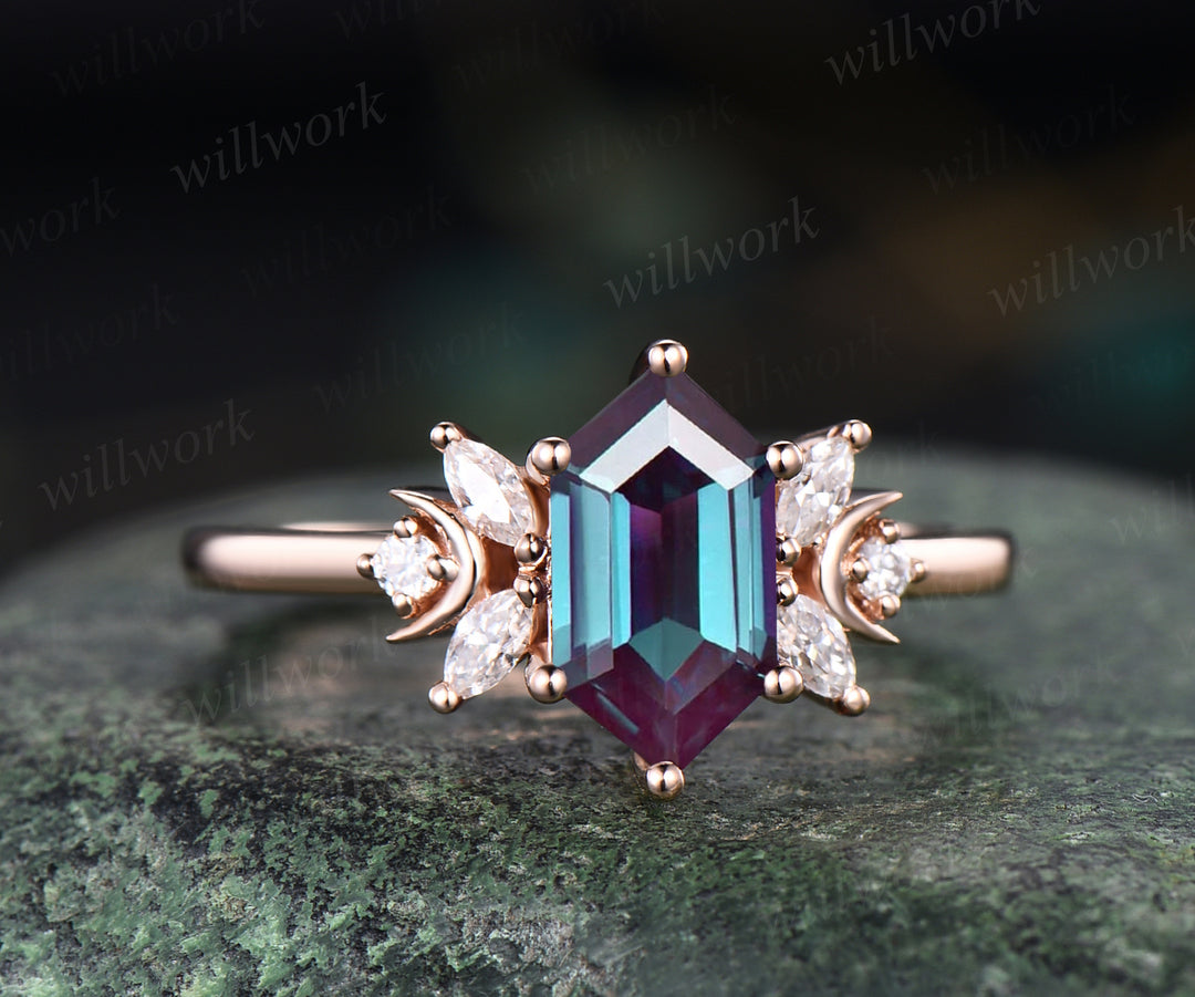 Hexagon cut alexandrite engagement ring unique art deco moissanite ring moon 14k rose gold 7 stones ring June birthstone proposal wedding ring for women