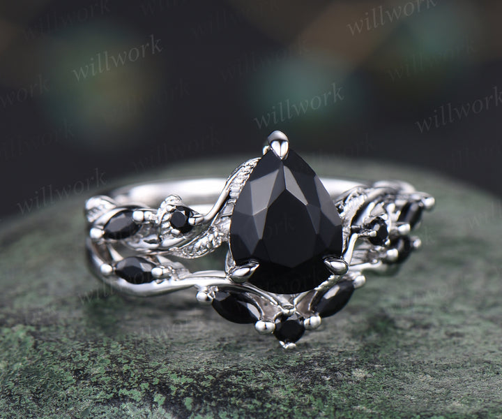 Unique black Onyx engagement ring set vintage pear black onyx leaf ring art deco black spinel wedding band bridal set gifts for women