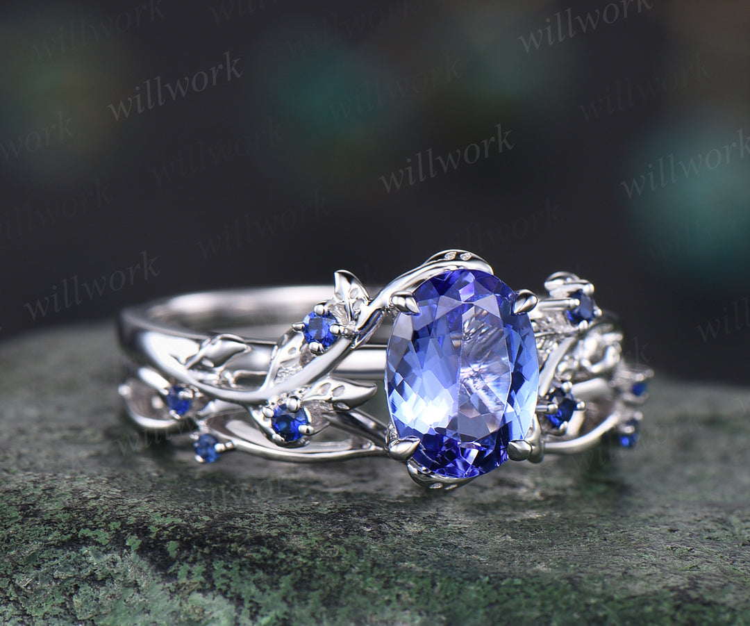 Nature inspired tanzanite engagement ring set oval cut blue tanzanite leaf twig ring branch sapphires wedding band bridal set promise ring for her
