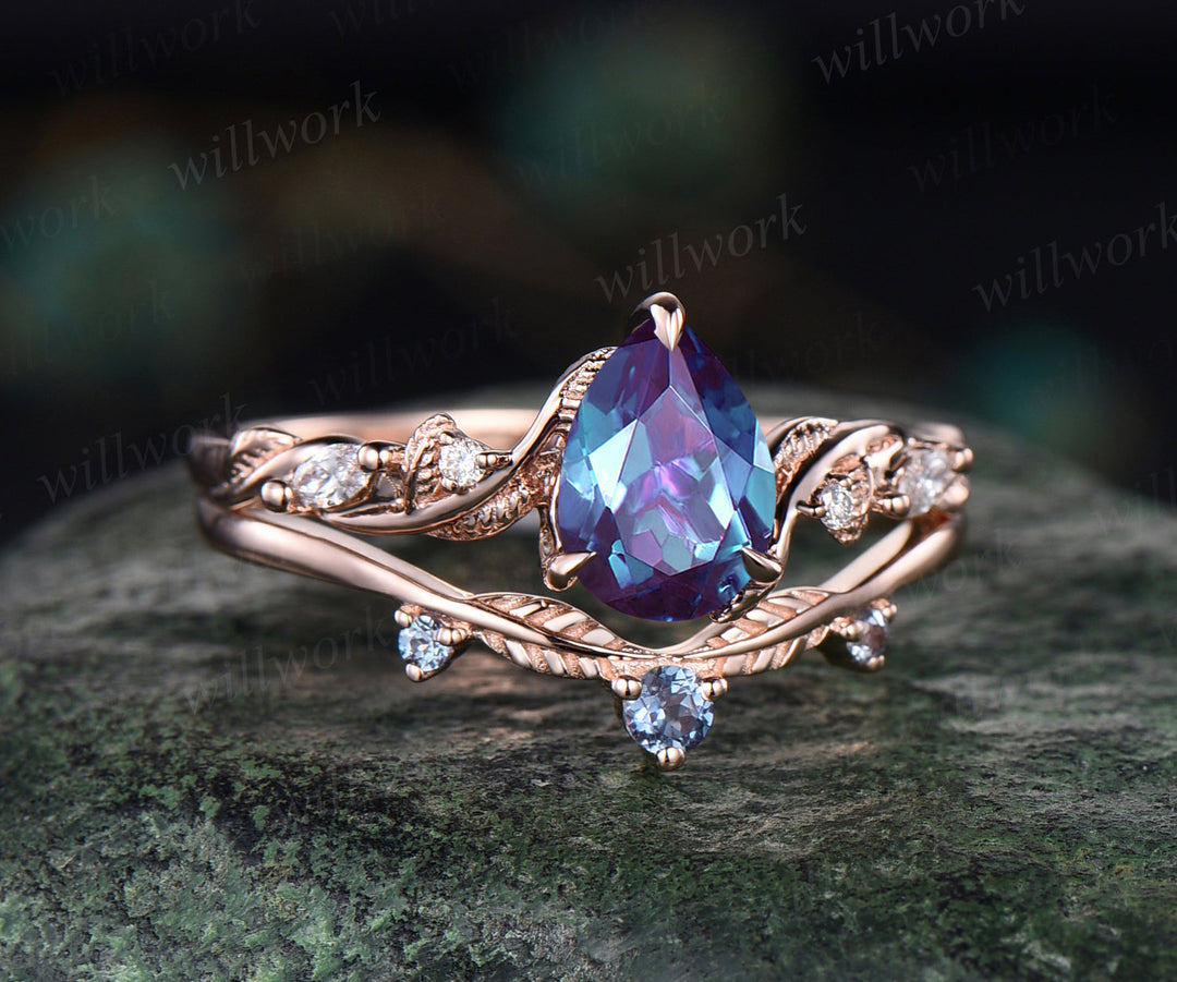 Teardrop alexandrite engagement ring set nature inspired leaf twig pear cut color change gemstone ring art deco wedding band bridal ring set